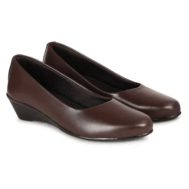 Women’s Elegant Black Synthetic Leather Low Wedge Heel Pumps for Office Wear | Comfortable Slip-On Formal Shoes with Cushioned Sole Round Toe Daily Walking Footwear for Women Dark Brown 5 thumbnail 3
