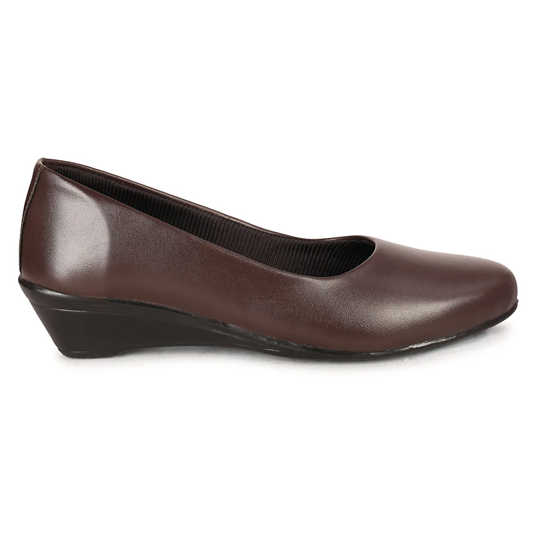 Women’s Elegant Black Synthetic Leather Low Wedge Heel Pumps for Office Wear | Comfortable Slip-On Formal Shoes with Cushioned Sole Round Toe Daily Walking Footwear for Women Dark Brown 7 image 2