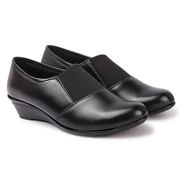 Women’s Comfortable Black Wedge Heel Pumps Shoes with Elastic Stretch Band | Soft Synthetic Leather Round Toe Slip-On Formal Office Footwear for Daily Wear Walking & Work Use Black 3 thumbnail 1