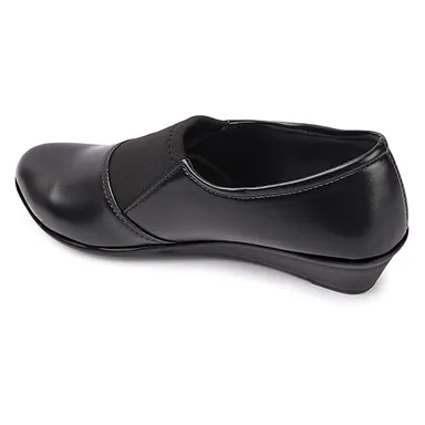 Women’s Comfortable Black Wedge Heel Pumps Shoes with Elastic Stretch Band | Soft Synthetic Leather Round Toe Slip-On Formal Office Footwear for Daily Wear Walking & Work Use Black 3 thumbnail 2