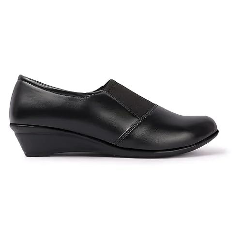 Women’s Comfortable Black Wedge Heel Pumps Shoes with Elastic Stretch Band | Soft Synthetic Leather Round Toe Slip-On Formal Office Footwear for Daily Wear Walking & Work Use Black 3 image 4