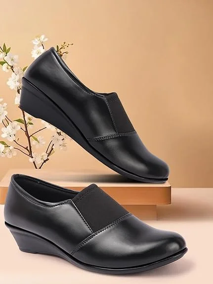 Women’s Comfortable Black Wedge Heel Pumps Shoes with Elastic Stretch Band | Soft Synthetic Leather Round Toe Slip-On Formal Office Footwear for Daily Wear Walking & Work Use Black 3 image 5
