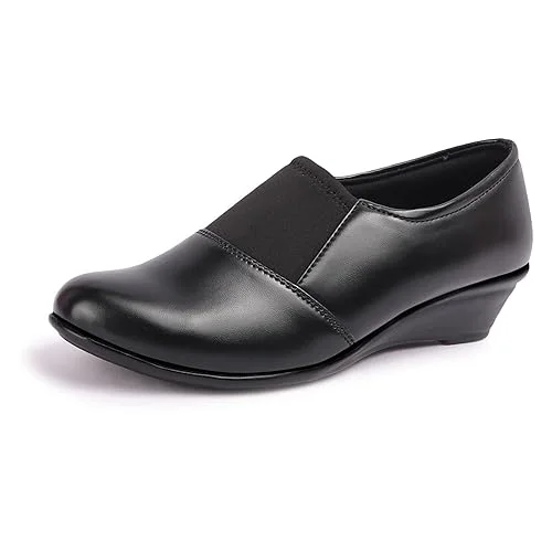 Women’s Comfortable Black Wedge Heel Pumps Shoes with Elastic Stretch Band | Soft Synthetic Leather Round Toe Slip-On Formal Office Footwear for Daily Wear Walking & Work Use Black 3 image 1