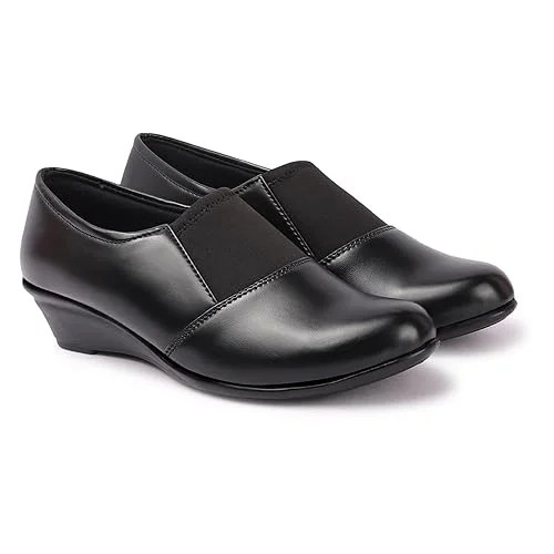 Women’s Comfortable Black Wedge Heel Pumps Shoes with Elastic Stretch Band | Soft Synthetic Leather Round Toe Slip-On Formal Office Footwear for Daily Wear Walking & Work Use Black 6 image 2