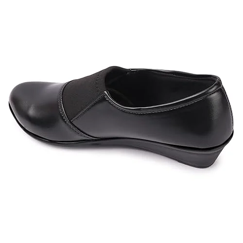 Women’s Comfortable Black Wedge Heel Pumps Shoes with Elastic Stretch Band | Soft Synthetic Leather Round Toe Slip-On Formal Office Footwear for Daily Wear Walking & Work Use Black 9 image 3