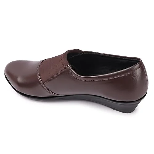 Women’s Comfortable Black Wedge Heel Pumps Shoes with Elastic Stretch Band | Soft Synthetic Leather Round Toe Slip-On Formal Office Footwear for Daily Wear Walking & Work Use Dark Brown 3 image 2