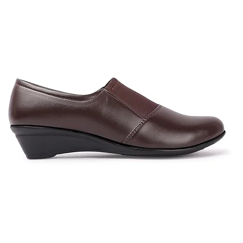 Women’s Comfortable Black Wedge Heel Pumps Shoes with Elastic Stretch Band | Soft Synthetic Leather Round Toe Slip-On Formal Office Footwear for Daily Wear Walking & Work Use Dark Brown 3 image 3