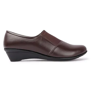 Women’s Comfortable Black Wedge Heel Pumps Shoes with Elastic Stretch Band | Soft Synthetic Leather Round Toe Slip-On Formal Office Footwear for Daily Wear Walking & Work Use Dark Brown 3 thumbnail 2