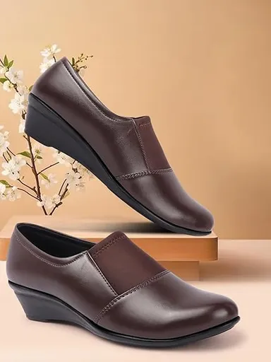 Women’s Comfortable Black Wedge Heel Pumps Shoes with Elastic Stretch Band | Soft Synthetic Leather Round Toe Slip-On Formal Office Footwear for Daily Wear Walking & Work Use Dark Brown 3 thumbnail 3
