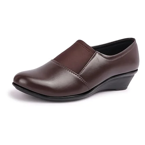 Women’s Comfortable Black Wedge Heel Pumps Shoes with Elastic Stretch Band | Soft Synthetic Leather Round Toe Slip-On Formal Office Footwear for Daily Wear Walking & Work Use Dark Brown 3 image 5
