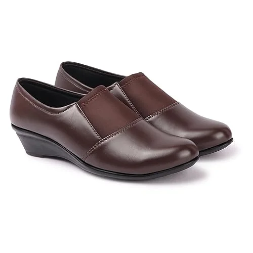 Women’s Comfortable Black Wedge Heel Pumps Shoes with Elastic Stretch Band | Soft Synthetic Leather Round Toe Slip-On Formal Office Footwear for Daily Wear Walking & Work Use Dark Brown 3 image 1