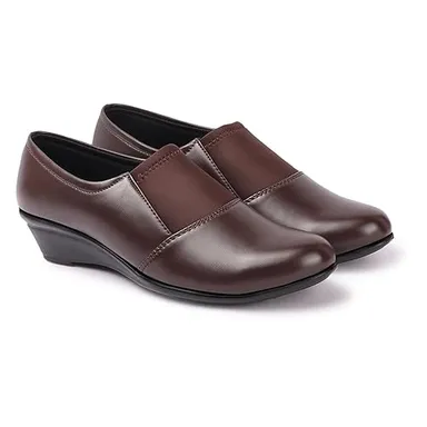 Women’s Comfortable Black Wedge Heel Pumps Shoes with Elastic Stretch Band | Soft Synthetic Leather Round Toe Slip-On Formal Office Footwear for Daily Wear Walking & Work Use Dark Brown 5 thumbnail 0