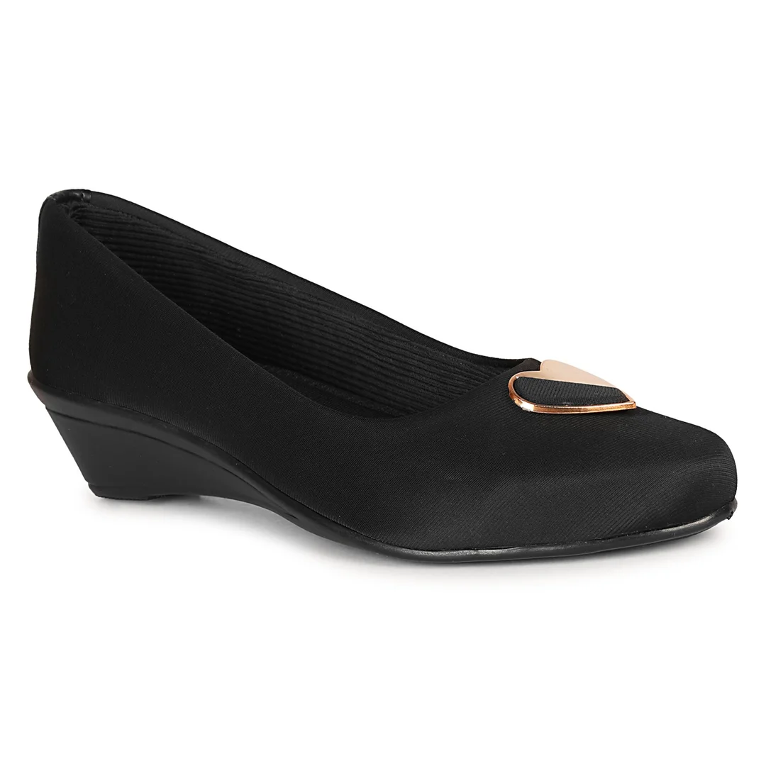 Women’s Chic Black Wedge Heel Pumps with Heart-Shaped Metallic Ornament | Elegant Round Toe Slip-On Office Party Shoes with Soft Fabric Finish Comfortable Daily Wear Formal Footwear for Women Black 3 image 2