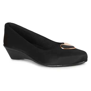 Women’s Chic Black Wedge Heel Pumps with Heart-Shaped Metallic Ornament | Elegant Round Toe Slip-On Office Party Shoes with Soft Fabric Finish Comfortable Daily Wear Formal Footwear for Women Black 3 thumbnail 1