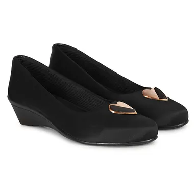 Women’s Chic Black Wedge Heel Pumps with Heart-Shaped Metallic Ornament | Elegant Round Toe Slip-On Office Party Shoes with Soft Fabric Finish Comfortable Daily Wear Formal Footwear for Women Black 3 thumbnail 4