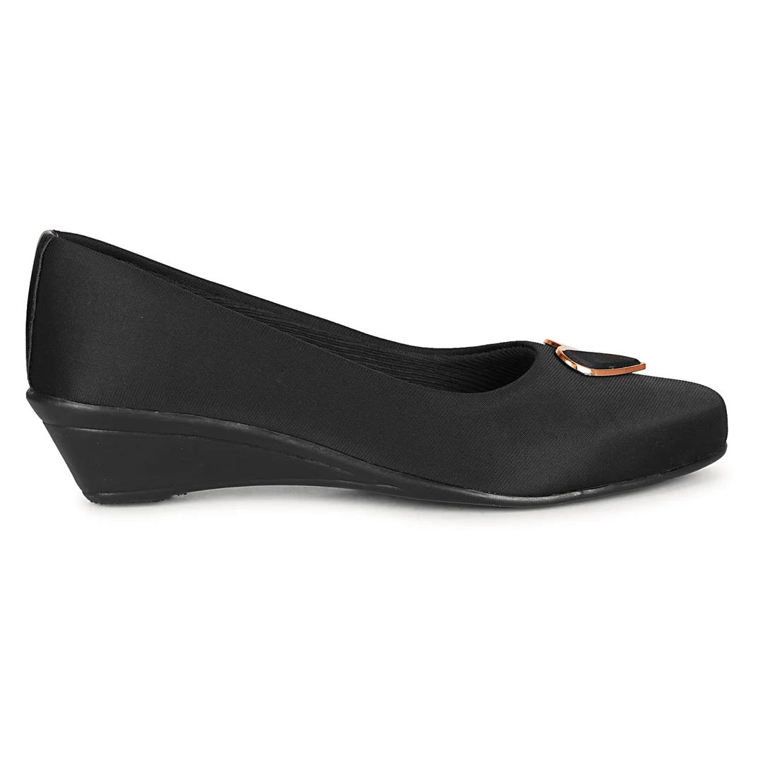 Women’s Chic Black Wedge Heel Pumps with Heart-Shaped Metallic Ornament | Elegant Round Toe Slip-On Office Party Shoes with Soft Fabric Finish Comfortable Daily Wear Formal Footwear for Women Black 5 image 3