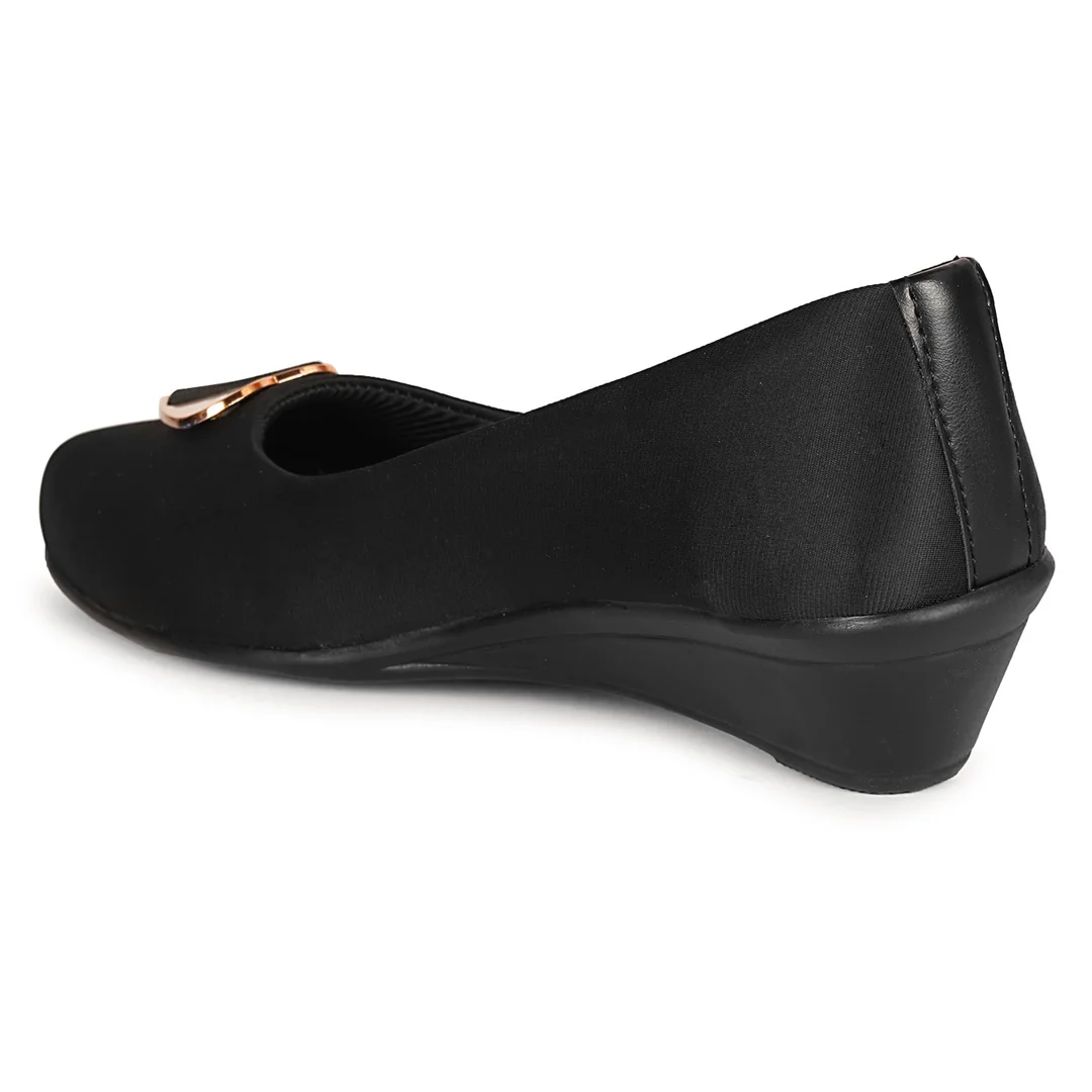 Women’s Chic Black Wedge Heel Pumps with Heart-Shaped Metallic Ornament | Elegant Round Toe Slip-On Office Party Shoes with Soft Fabric Finish Comfortable Daily Wear Formal Footwear for Women Black 8 image 4