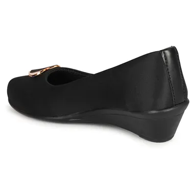 Women’s Chic Black Wedge Heel Pumps with Heart-Shaped Metallic Ornament | Elegant Round Toe Slip-On Office Party Shoes with Soft Fabric Finish Comfortable Daily Wear Formal Footwear for Women Black 9 thumbnail 3