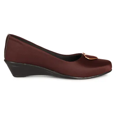 Women’s Chic Black Wedge Heel Pumps with Heart-Shaped Metallic Ornament | Elegant Round Toe Slip-On Office Party Shoes with Soft Fabric Finish Comfortable Daily Wear Formal Footwear for Women Brown  3 thumbnail 2