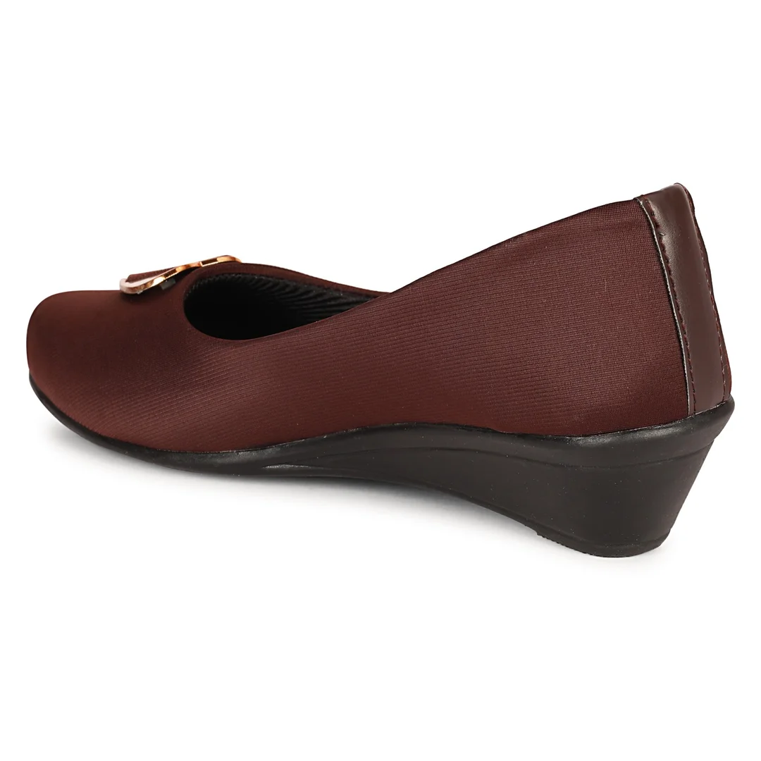 Women’s Chic Black Wedge Heel Pumps with Heart-Shaped Metallic Ornament | Elegant Round Toe Slip-On Office Party Shoes with Soft Fabric Finish Comfortable Daily Wear Formal Footwear for Women Brown 3 image 4