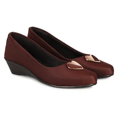 Women’s Chic Black Wedge Heel Pumps with Heart-Shaped Metallic Ornament | Elegant Round Toe Slip-On Office Party Shoes with Soft Fabric Finish Comfortable Daily Wear Formal Footwear for Women Brown  3 thumbnail 4