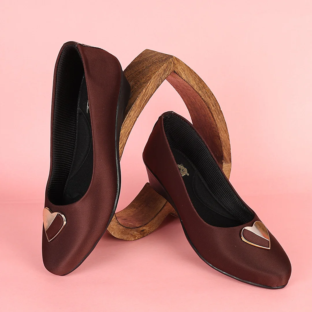 Women’s Chic Black Wedge Heel Pumps with Heart-Shaped Metallic Ornament | Elegant Round Toe Slip-On Office Party Shoes with Soft Fabric Finish Comfortable Daily Wear Formal Footwear for Women Brown 3 image 1