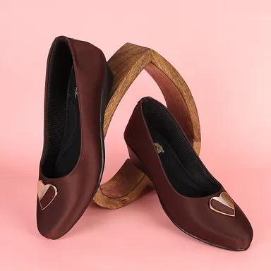 Women’s Chic Black Wedge Heel Pumps with Heart-Shaped Metallic Ornament | Elegant Round Toe Slip-On Office Party Shoes with Soft Fabric Finish Comfortable Daily Wear Formal Footwear for Women Brown  6 thumbnail 0