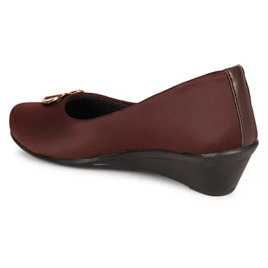 Women’s Chic Black Wedge Heel Pumps with Heart-Shaped Metallic Ornament | Elegant Round Toe Slip-On Office Party Shoes with Soft Fabric Finish Comfortable Daily Wear Formal Footwear for Women Brown  7 thumbnail 3
