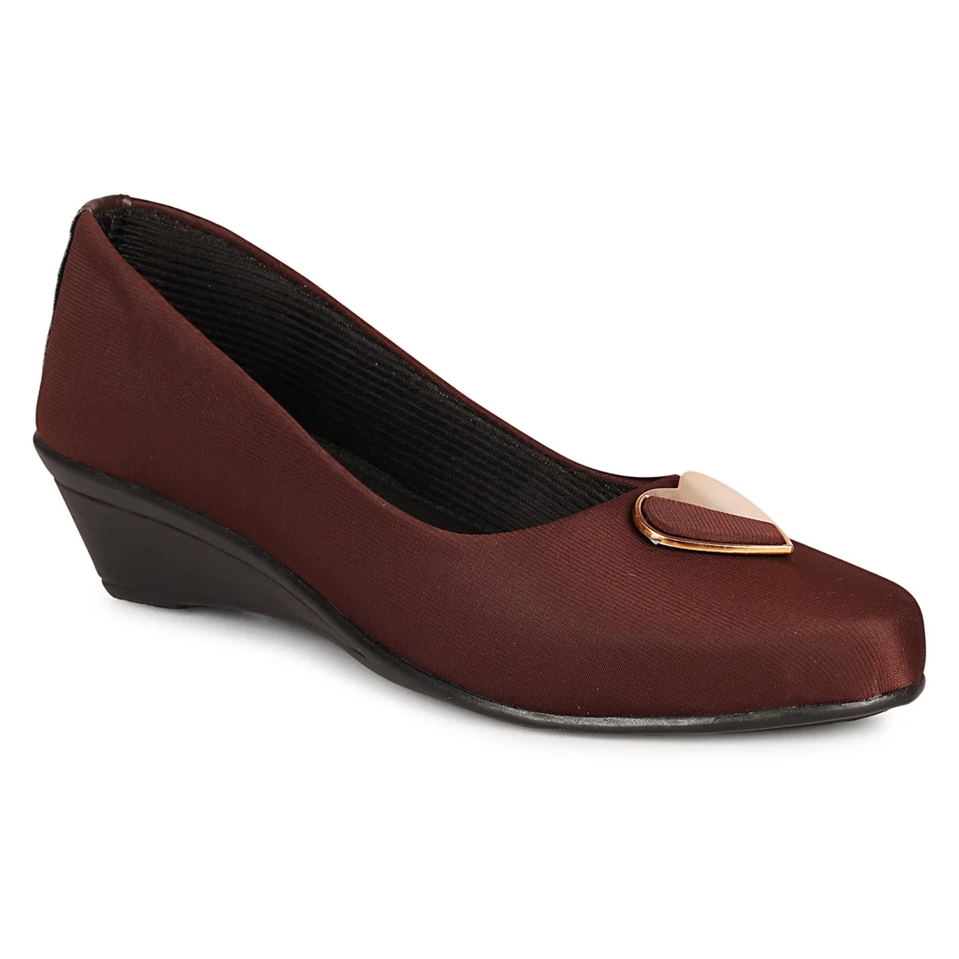 Women’s Chic Black Wedge Heel Pumps with Heart-Shaped Metallic Ornament | Elegant Round Toe Slip-On Office Party Shoes with Soft Fabric Finish Comfortable Daily Wear Formal Footwear for Women Brown 9 image 2