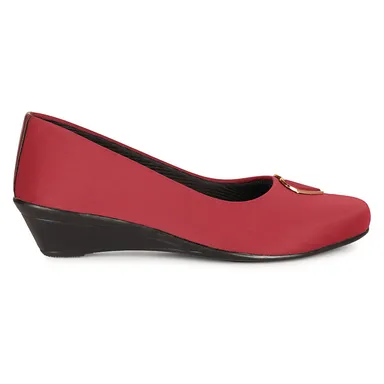 Women’s Chic Black Wedge Heel Pumps with Heart-Shaped Metallic Ornament | Elegant Round Toe Slip-On Office Party Shoes with Soft Fabric Finish Comfortable Daily Wear Formal Footwear for Women Red 3 thumbnail 2