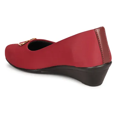 Women’s Chic Black Wedge Heel Pumps with Heart-Shaped Metallic Ornament | Elegant Round Toe Slip-On Office Party Shoes with Soft Fabric Finish Comfortable Daily Wear Formal Footwear for Women Red 3 thumbnail 3