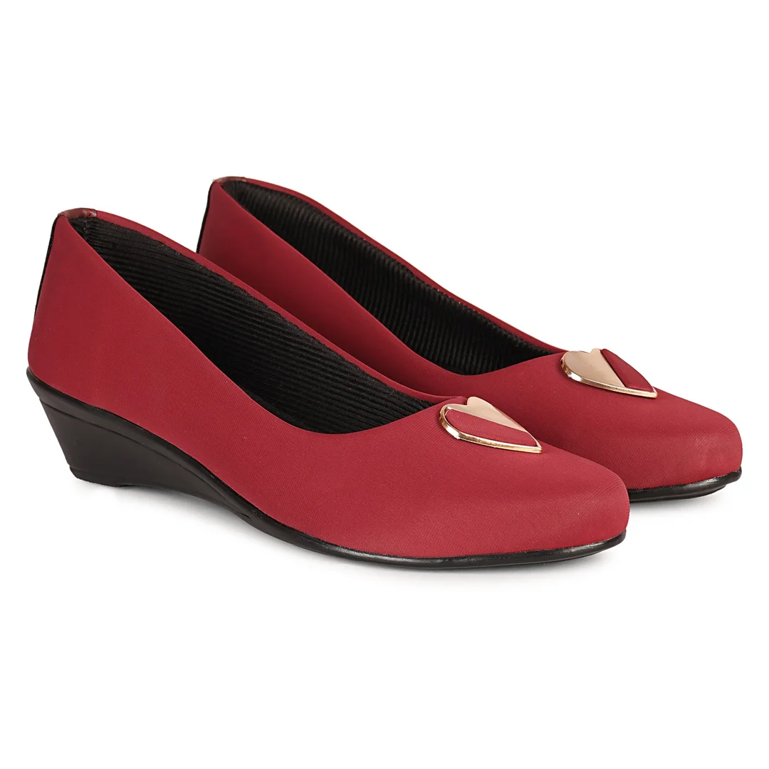 Women’s Chic Black Wedge Heel Pumps with Heart-Shaped Metallic Ornament | Elegant Round Toe Slip-On Office Party Shoes with Soft Fabric Finish Comfortable Daily Wear Formal Footwear for Women Red 5 image 5