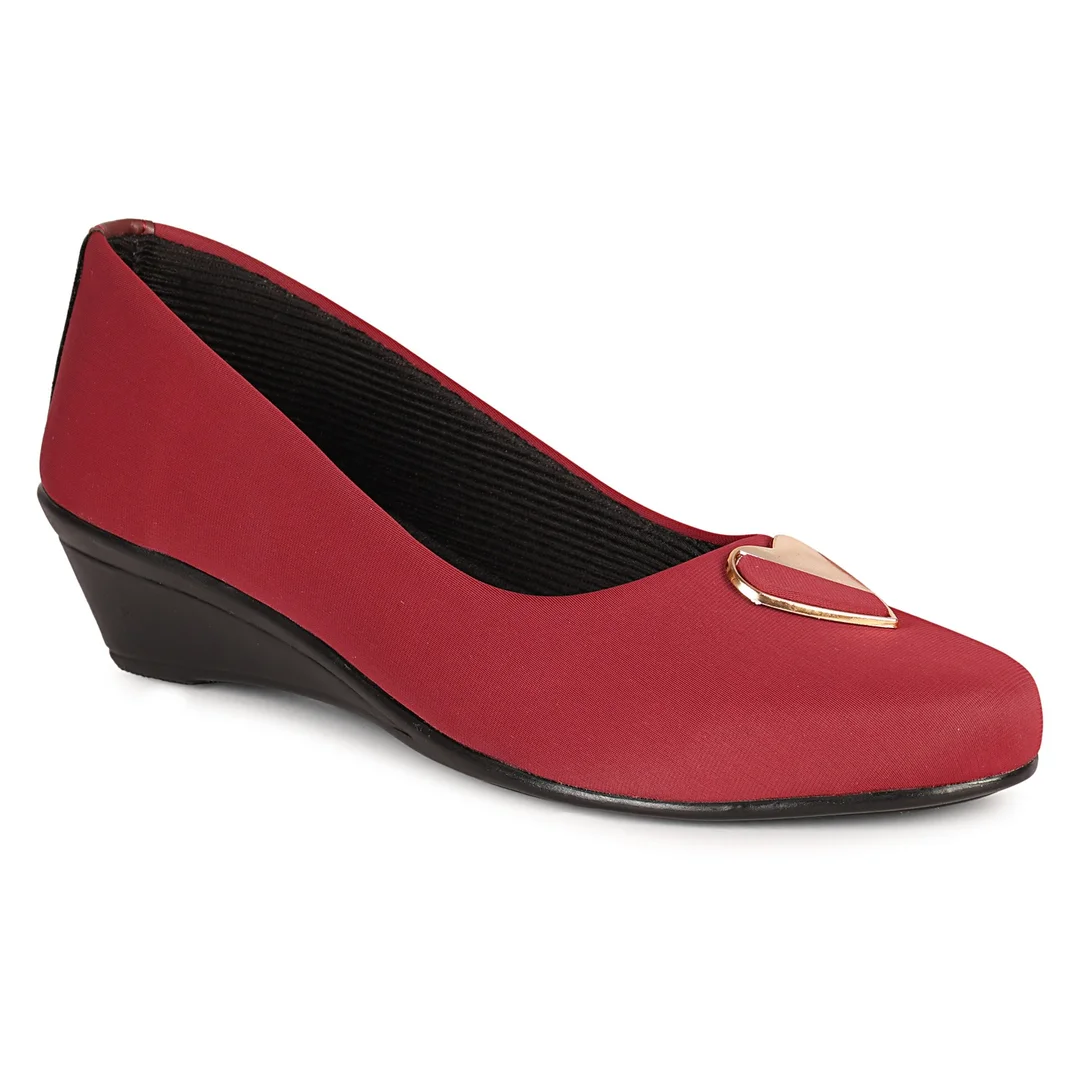 Women’s Chic Black Wedge Heel Pumps with Heart-Shaped Metallic Ornament | Elegant Round Toe Slip-On Office Party Shoes with Soft Fabric Finish Comfortable Daily Wear Formal Footwear for Women Red 6 image 2