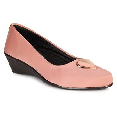 Women’s Chic Black Wedge Heel Pumps with Heart-Shaped Metallic Ornament | Elegant Round Toe Slip-On Office Party Shoes with Soft Fabric Finish Comfortable Daily Wear Formal Footwear for Women Pink 3 thumbnail 1