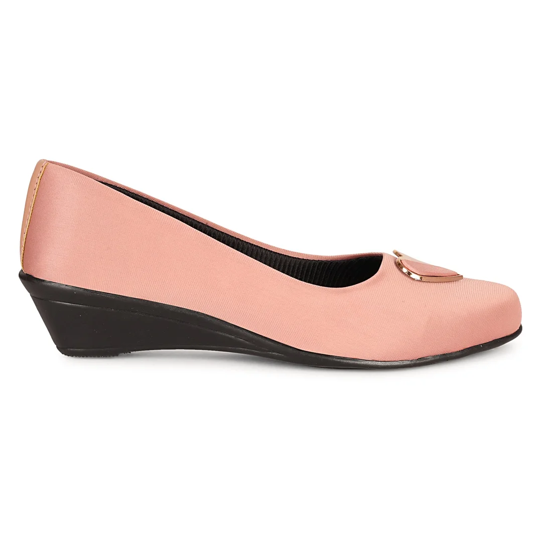 Women’s Chic Black Wedge Heel Pumps with Heart-Shaped Metallic Ornament | Elegant Round Toe Slip-On Office Party Shoes with Soft Fabric Finish Comfortable Daily Wear Formal Footwear for Women Pink 3 image 3
