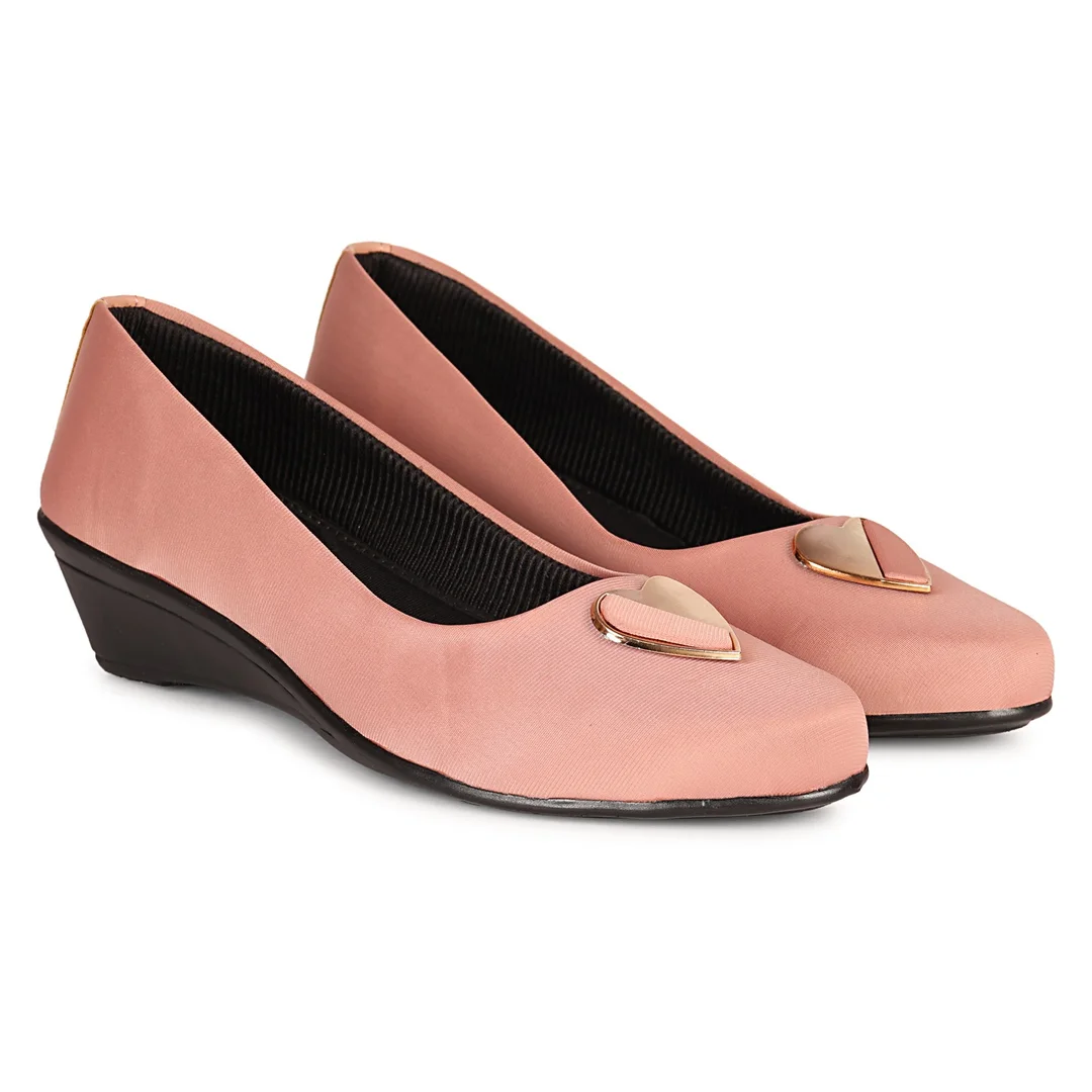 Women’s Chic Black Wedge Heel Pumps with Heart-Shaped Metallic Ornament | Elegant Round Toe Slip-On Office Party Shoes with Soft Fabric Finish Comfortable Daily Wear Formal Footwear for Women Pink 3 image 5