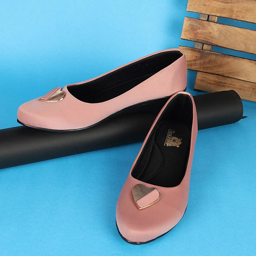 Women’s Chic Black Wedge Heel Pumps with Heart-Shaped Metallic Ornament | Elegant Round Toe Slip-On Office Party Shoes with Soft Fabric Finish Comfortable Daily Wear Formal Footwear for Women Pink 3 image 1