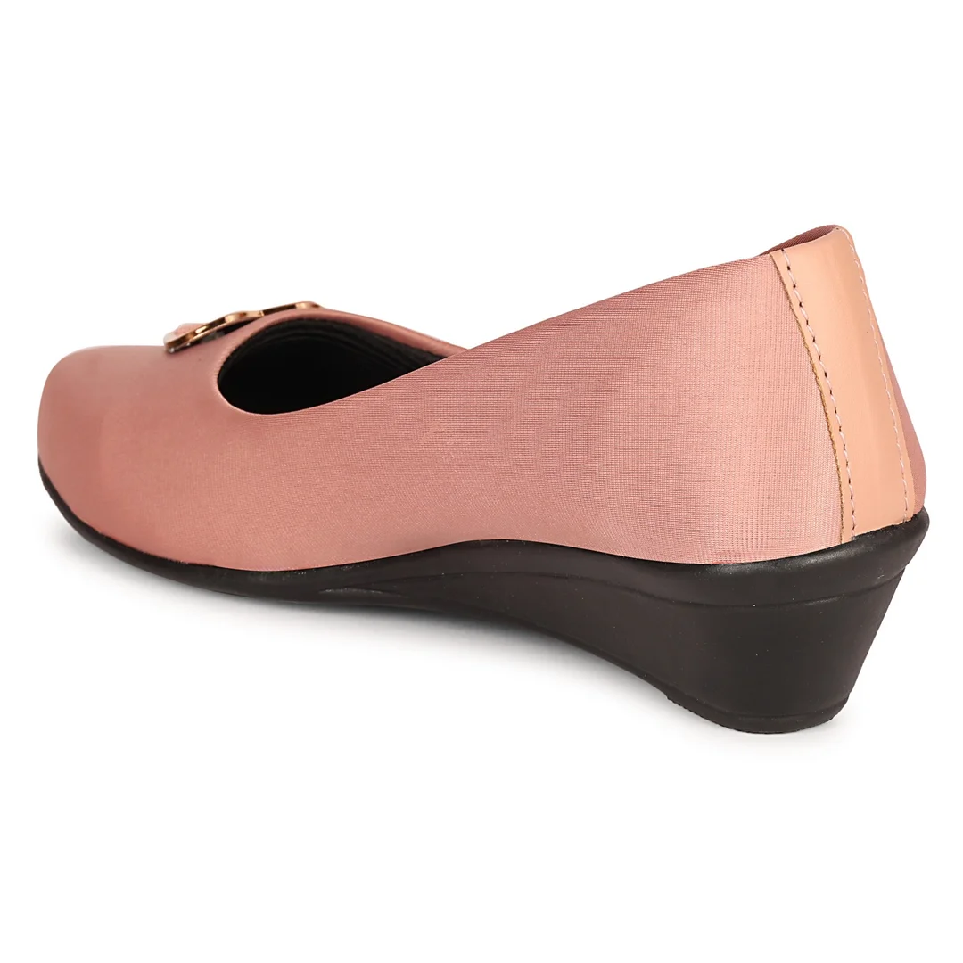Women’s Chic Black Wedge Heel Pumps with Heart-Shaped Metallic Ornament | Elegant Round Toe Slip-On Office Party Shoes with Soft Fabric Finish Comfortable Daily Wear Formal Footwear for Women Pink 6 image 4