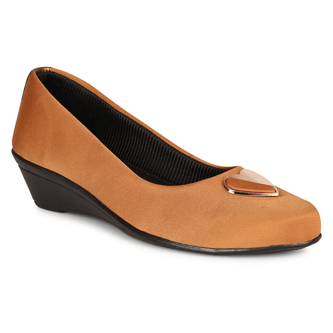 Women’s Chic Black Wedge Heel Pumps with Heart-Shaped Metallic Ornament | Elegant Round Toe Slip-On Office Party Shoes with Soft Fabric Finish Comfortable Daily Wear Formal Footwear for Women Tan 3 image 2
