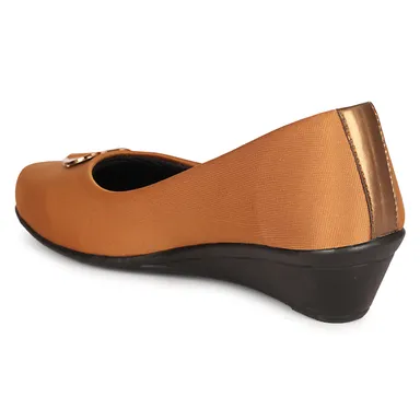 Women’s Chic Black Wedge Heel Pumps with Heart-Shaped Metallic Ornament | Elegant Round Toe Slip-On Office Party Shoes with Soft Fabric Finish Comfortable Daily Wear Formal Footwear for Women Tan 3 thumbnail 3