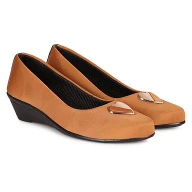 Women’s Chic Black Wedge Heel Pumps with Heart-Shaped Metallic Ornament | Elegant Round Toe Slip-On Office Party Shoes with Soft Fabric Finish Comfortable Daily Wear Formal Footwear for Women Tan 3 thumbnail 4