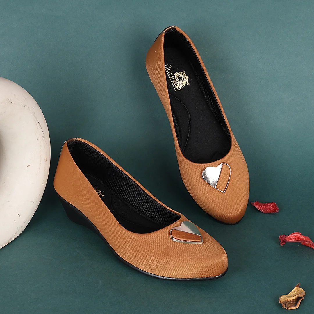 Women’s Chic Black Wedge Heel Pumps with Heart-Shaped Metallic Ornament | Elegant Round Toe Slip-On Office Party Shoes with Soft Fabric Finish Comfortable Daily Wear Formal Footwear for Women Tan 3 image 1