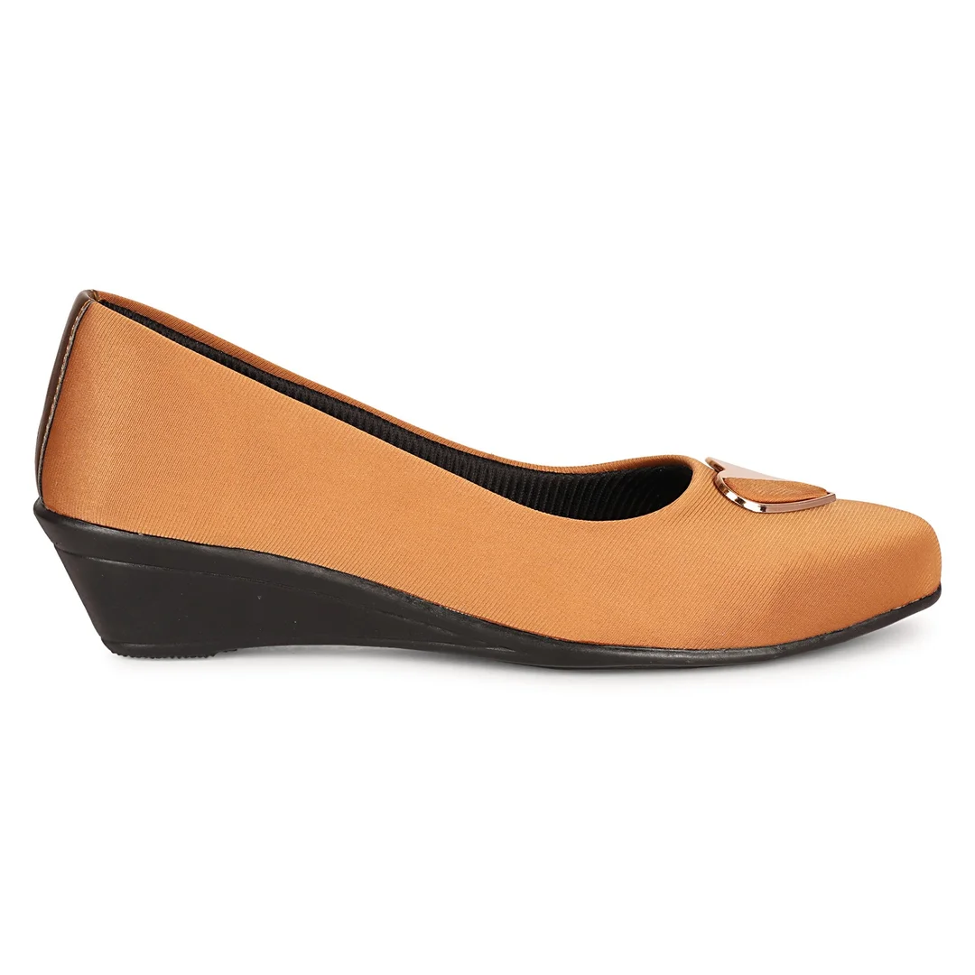 Women’s Chic Black Wedge Heel Pumps with Heart-Shaped Metallic Ornament | Elegant Round Toe Slip-On Office Party Shoes with Soft Fabric Finish Comfortable Daily Wear Formal Footwear for Women Tan 4 image 3