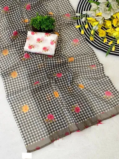Pink Gingham Check Organza Saree with Floral Digital Prints and Tassel Border Detailing Elegant Black and White Gingham Free Size thumbnail 0