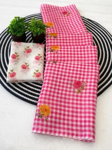 Pink Gingham Check Organza Saree with Floral Digital Prints and Tassel Border Detailing Elegant Black and White Gingham Free Size thumbnail 1