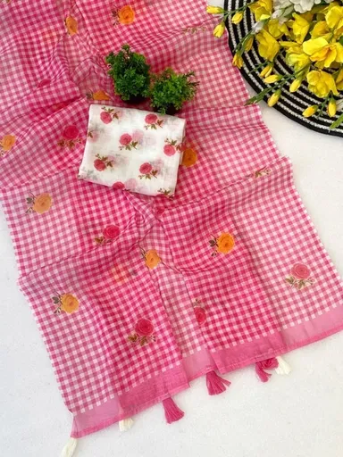Pink Gingham Check Organza Saree with Floral Digital Prints and Tassel Border Detailing Elegant Black and White Gingham Free Size thumbnail 0