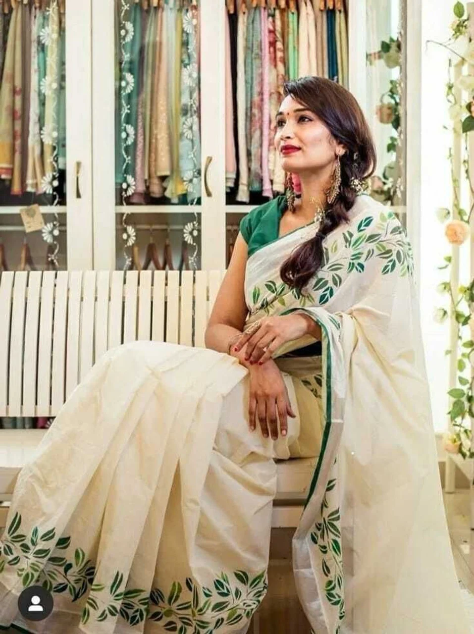 Hand Painted Off White Cotton Saree with Green Leafy Borders and Matching Blouse Piece image 2