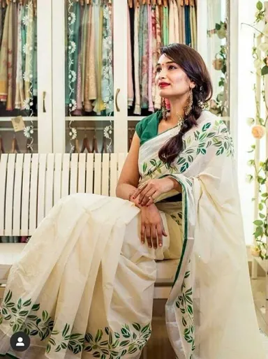 Hand Painted Off White Cotton Saree with Green Leafy Borders and Matching Blouse Piece thumbnail 1