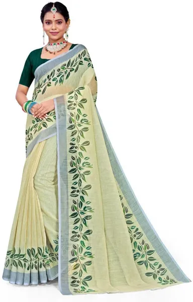 Hand Painted Off White Cotton Saree with Green Leafy Borders and Matching Blouse Piece thumbnail 2