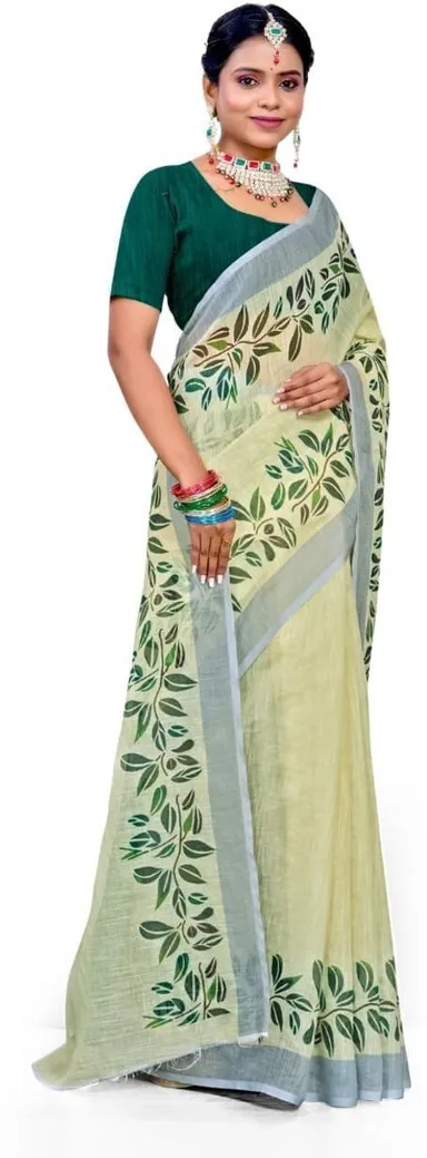 Hand Painted Off White Cotton Saree with Green Leafy Borders and Matching Blouse Piece thumbnail 3